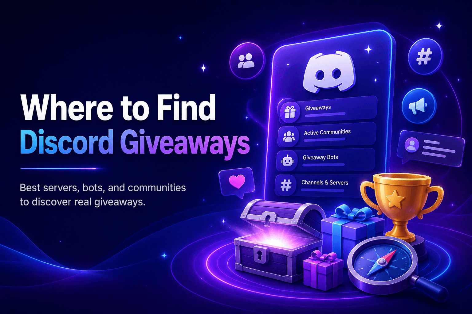 Where to Find Discord Giveaways blog post cover with gift boxes, a magnifying glass, and Discord servers